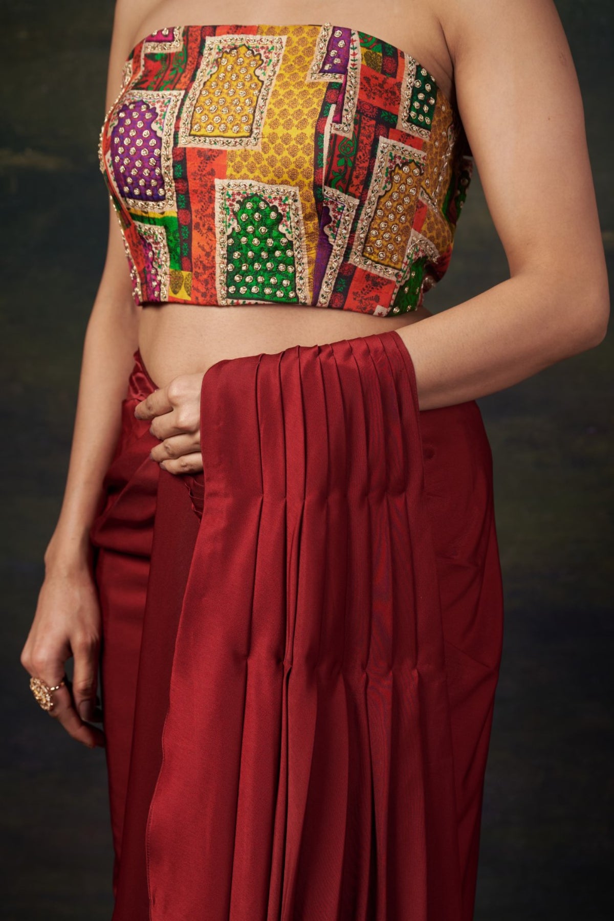 Naina - Red Stylish Strapless Hand-Embroidered Blouse with Pre-Draped Saree