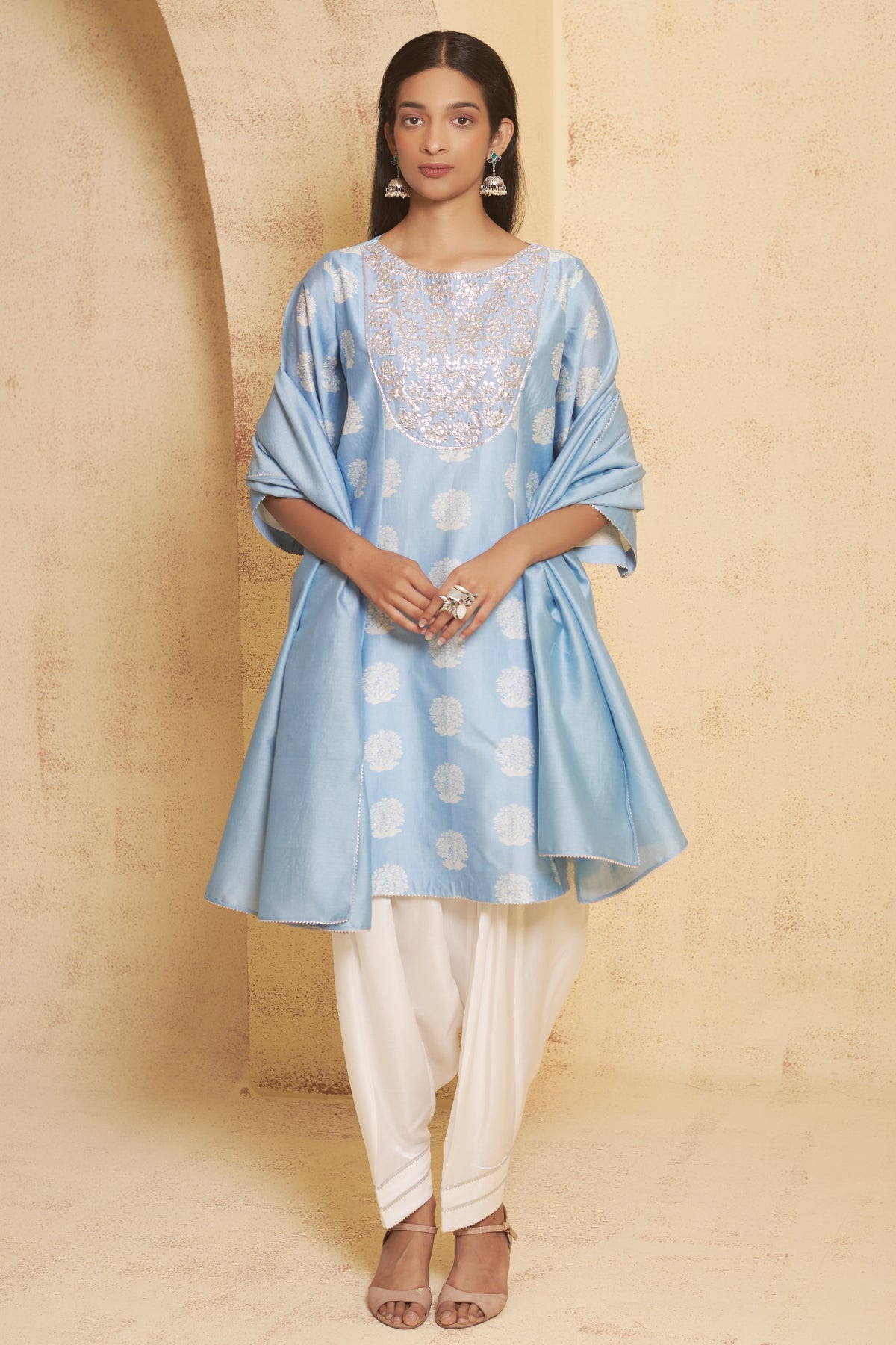 Nazm - Blue Hand-Embroidered Short Anarkali With Pyjama Set