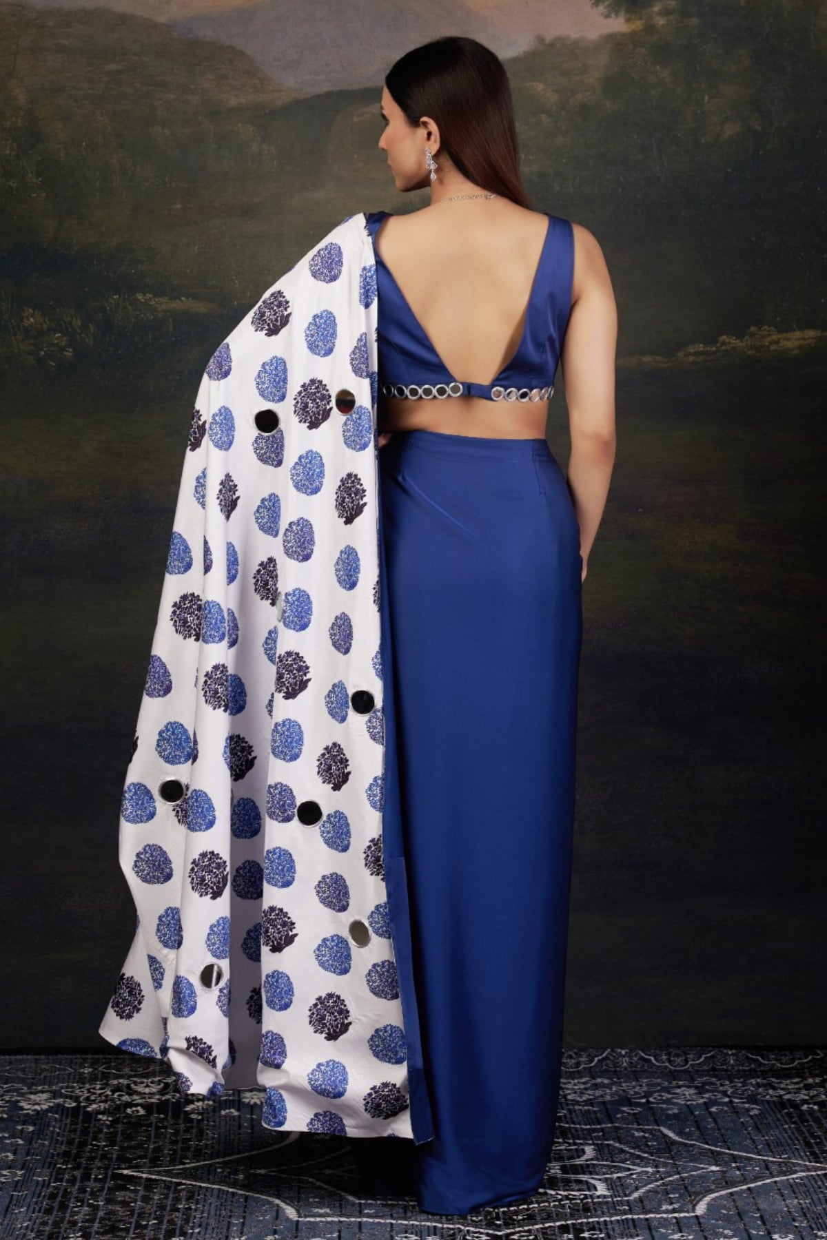 Neelam - Blue Mirror Work Blouse with Pre-Draped Buuti Print Saree