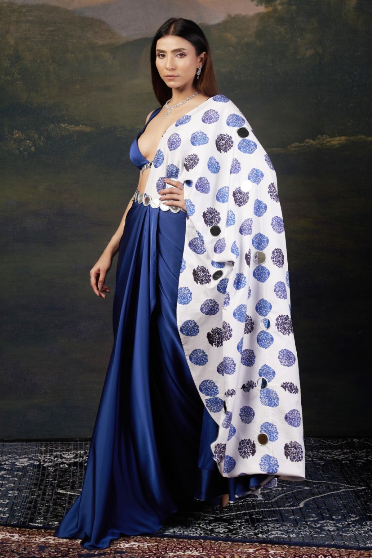 Neelam - Blue Mirror Work Blouse with Pre-Draped Buuti Print Saree