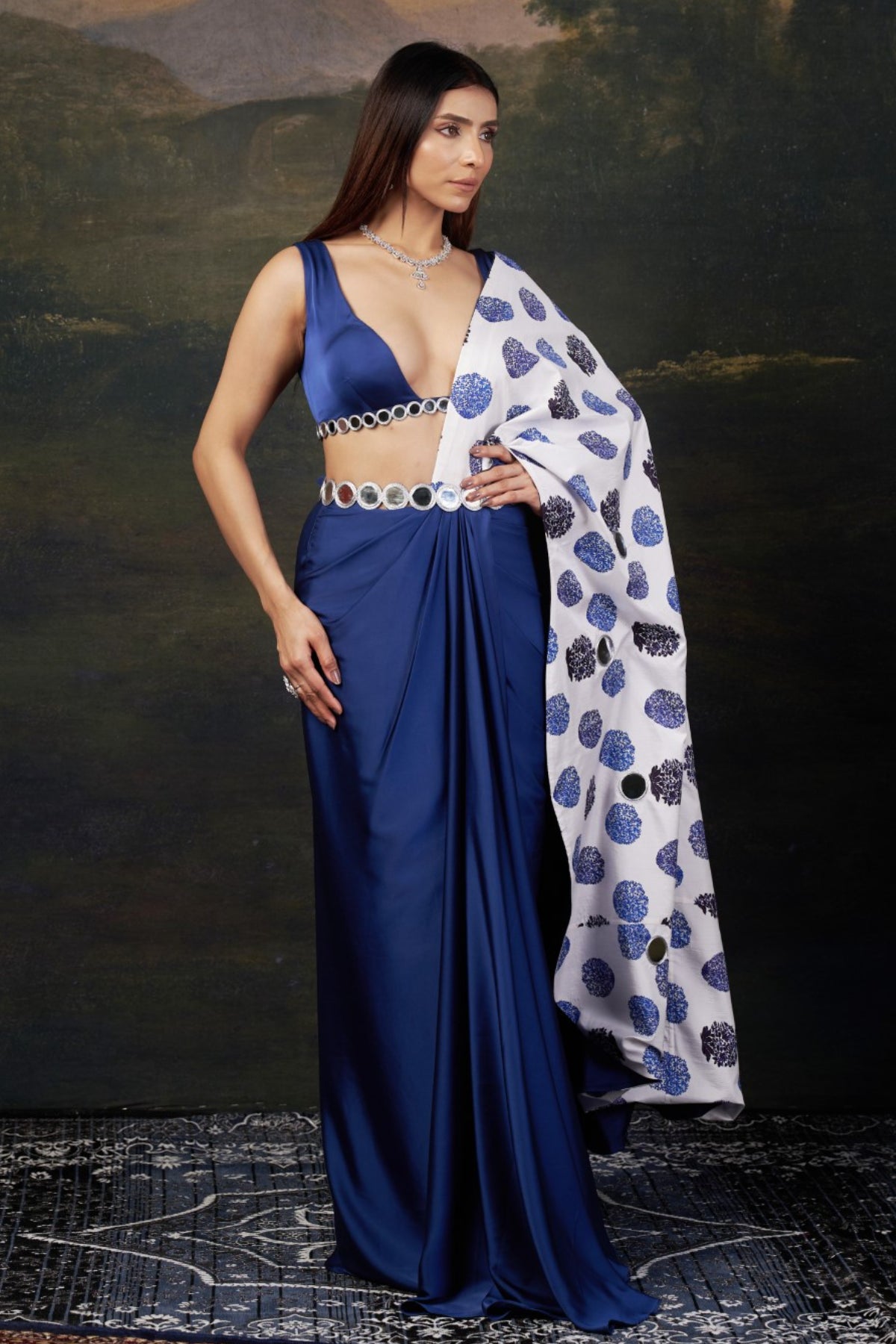Neelam - Blue Mirror Work Blouse with Pre-Draped Buuti Print Saree
