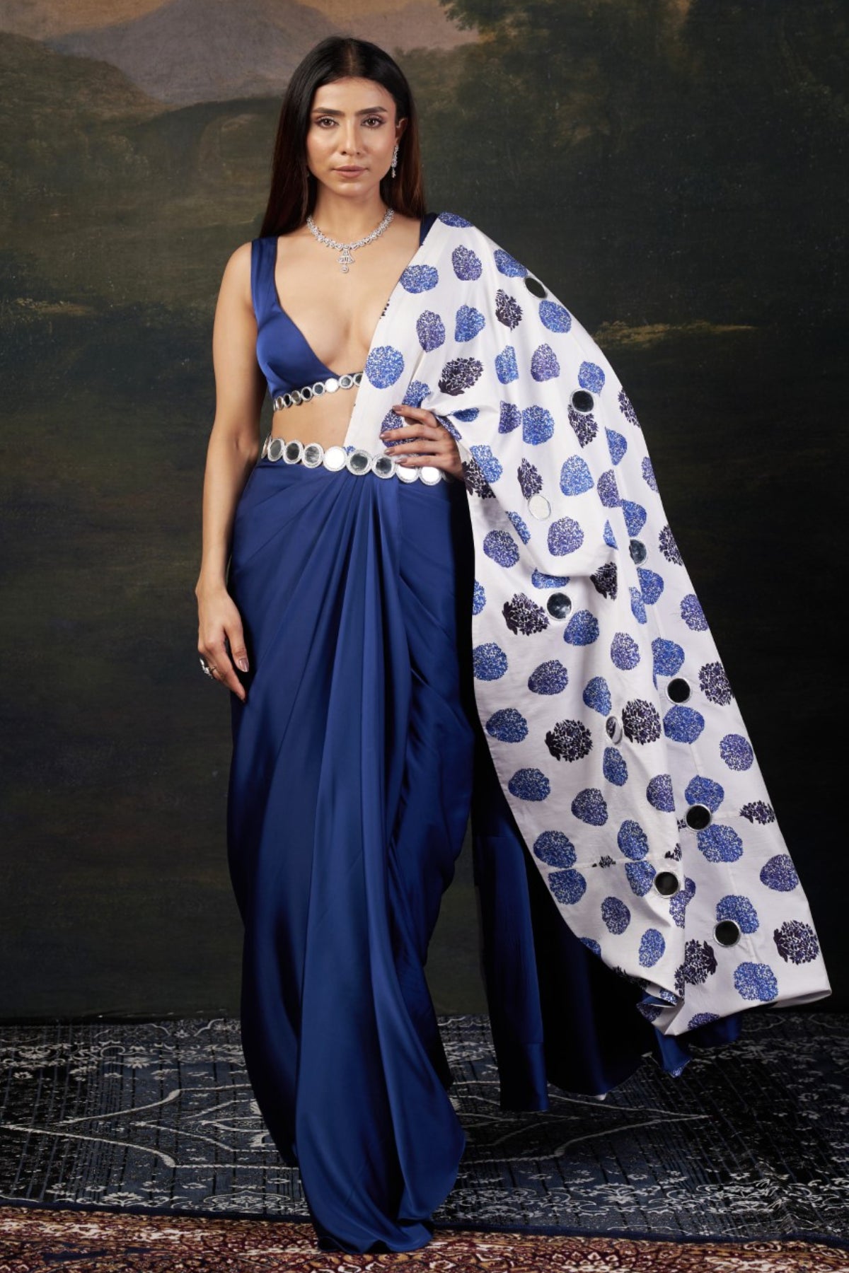 Neelam - Blue Mirror Work Blouse with Pre-Draped Buuti Print Saree