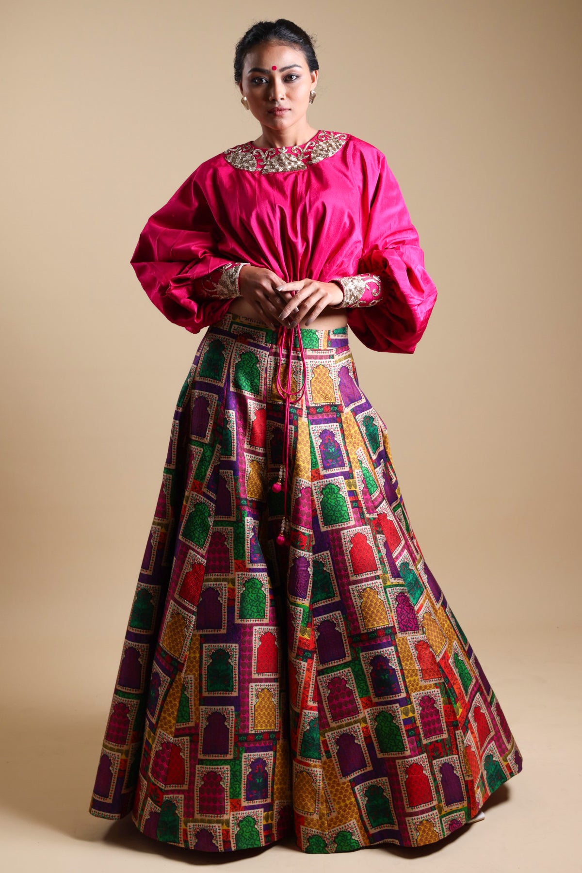 Neelam - Pink Mirror Work Blouse With Buuti Print Lehenga
