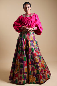 Neelam - Pink Mirror Work Blouse With Buuti Print Lehenga