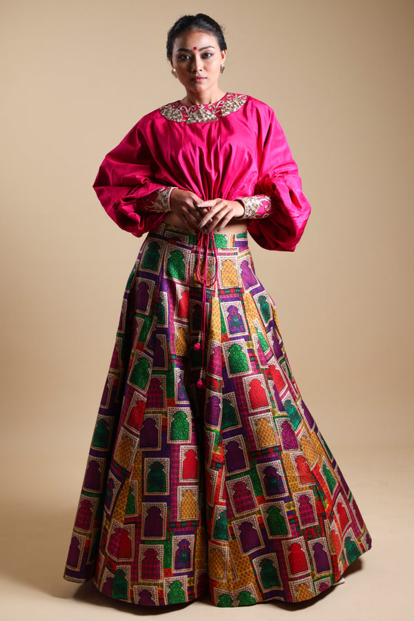 Neelam - Pink Mirror Work Blouse With Buuti Print Lehenga