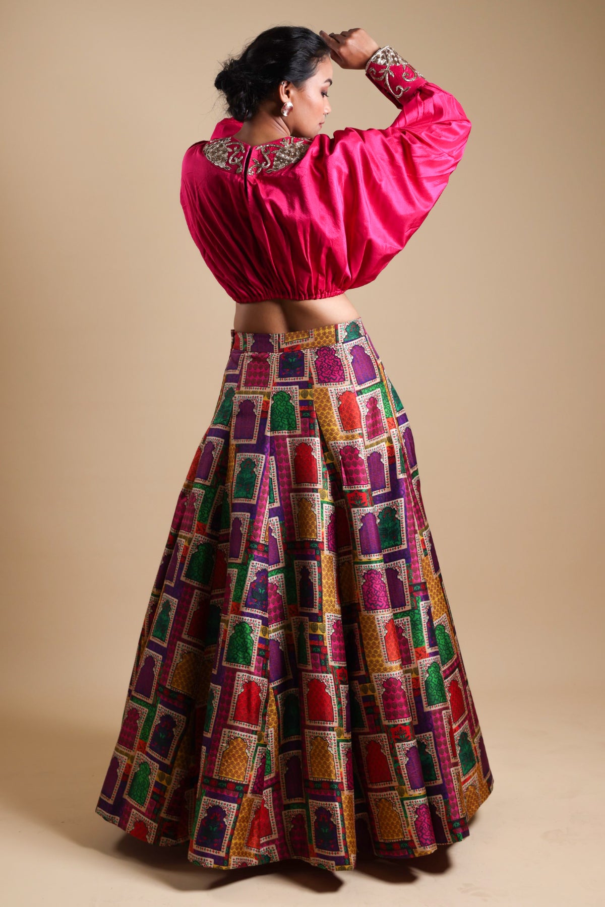 Neelam - Pink Mirror Work Blouse With Buuti Print Lehenga