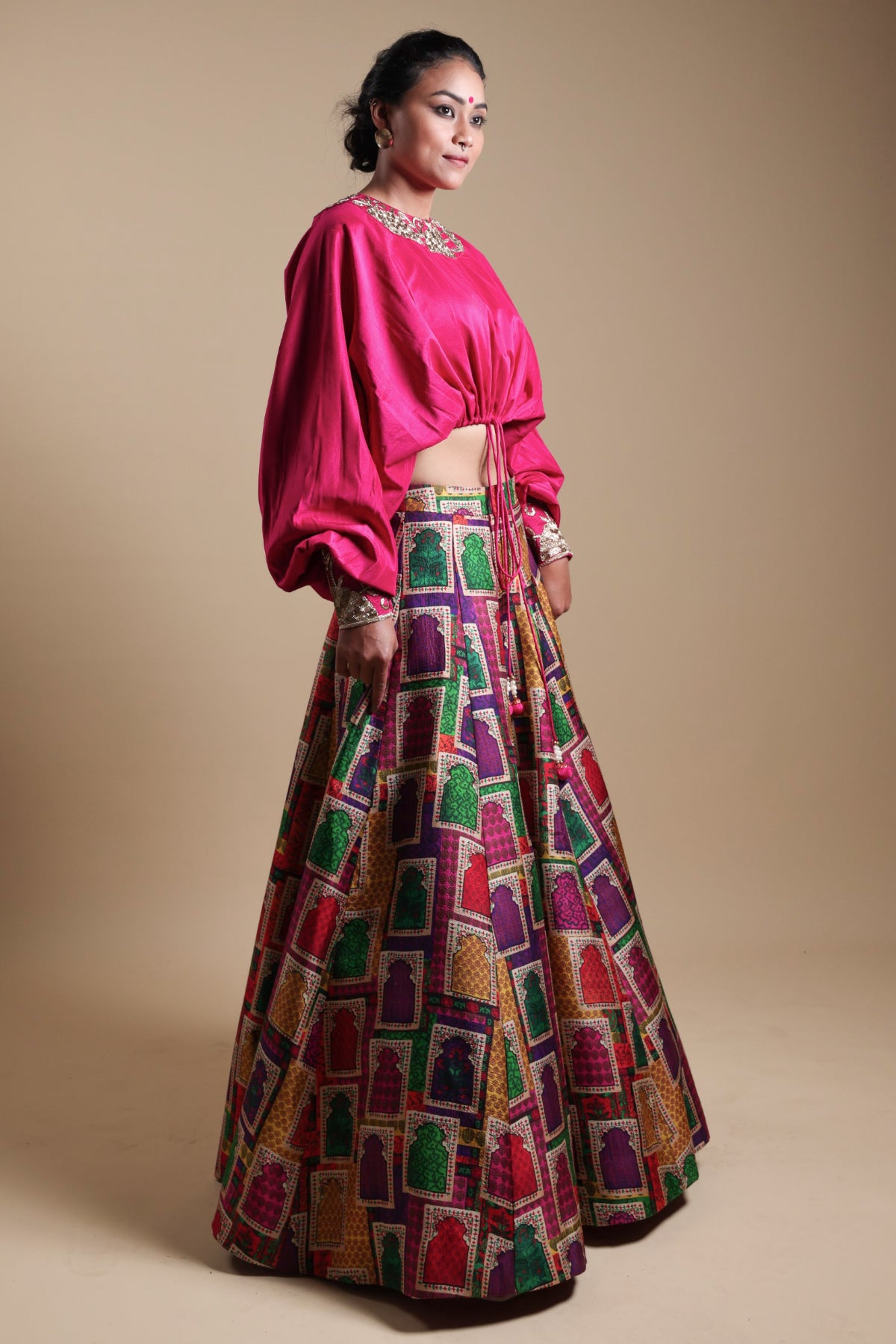 Neelam - Pink Mirror Work Blouse With Buuti Print Lehenga