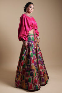 Neelam - Pink Mirror Work Blouse With Buuti Print Lehenga