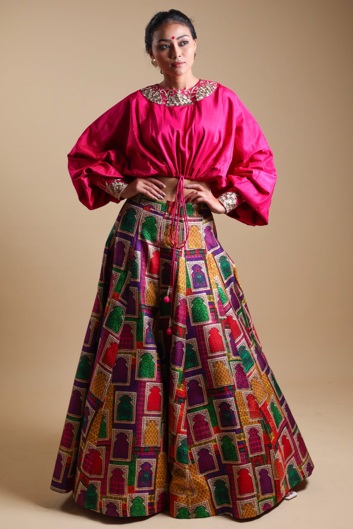 Neelam - Pink Mirror Work Blouse With Buuti Print Lehenga