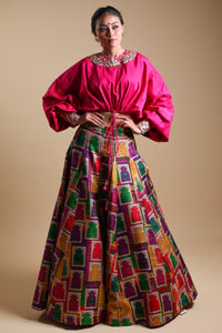 Neelam - Pink Mirror Work Blouse With Buuti Print Lehenga