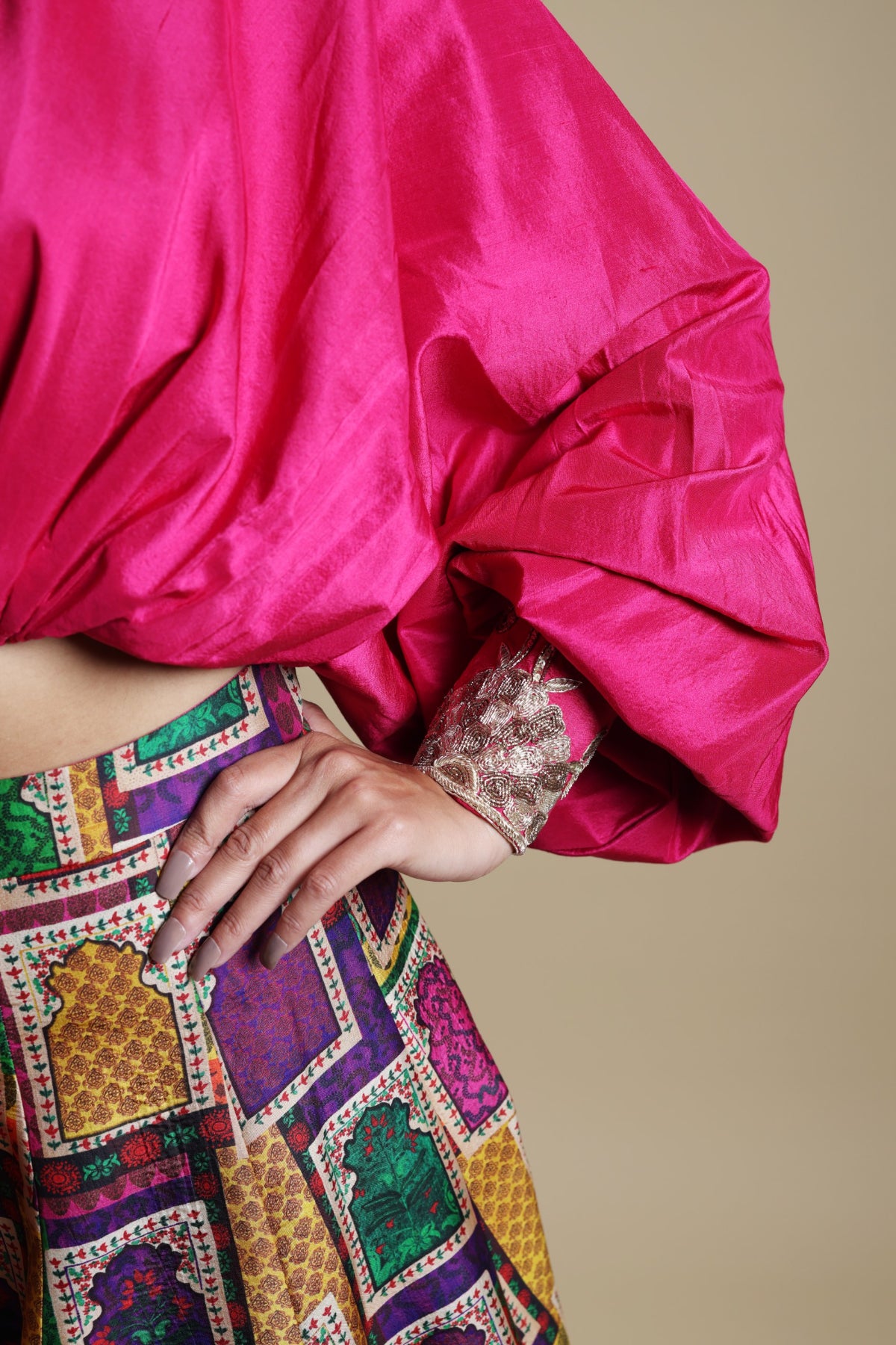 Neelam - Pink Mirror Work Blouse With Buuti Print Lehenga