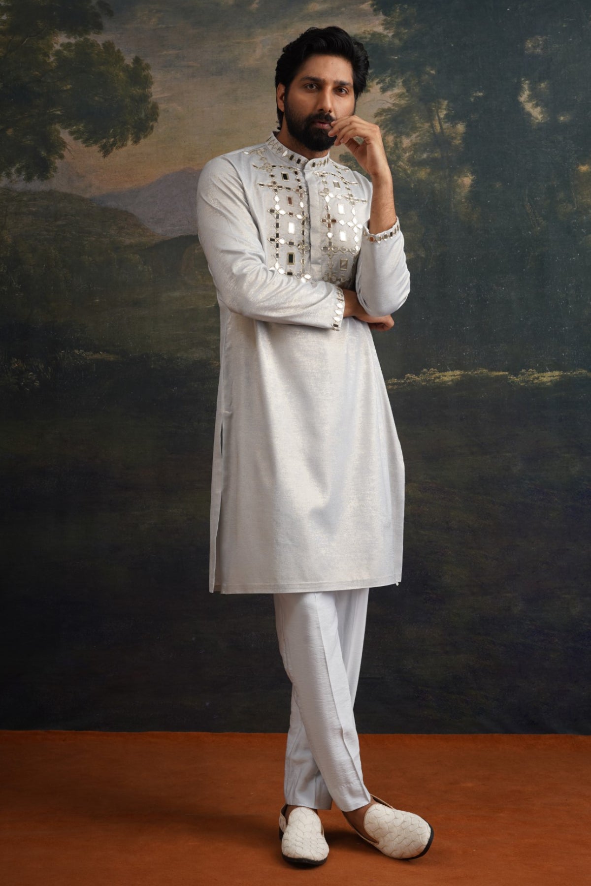 Nishchay Ice Grey Gold Hand Embroidered Kurta Set