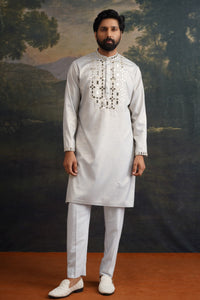 Nishchay Ice Grey Gold Hand Embroidered Kurta Set