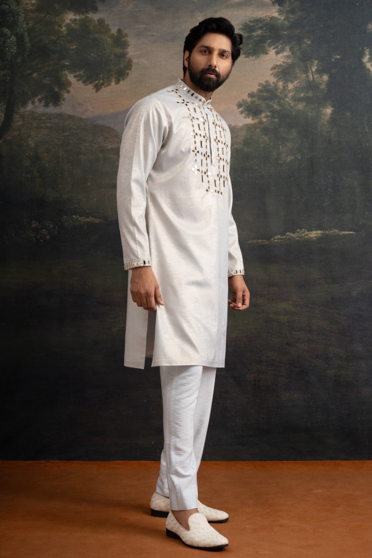 Nishchay Ice Grey Gold Hand Embroidered Kurta Set