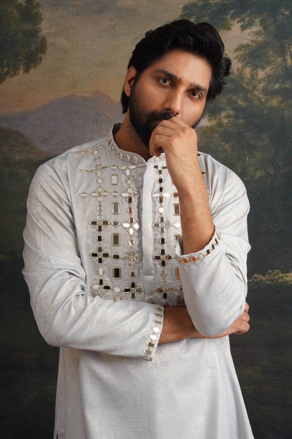 Nishchay Ice Grey Gold Hand Embroidered Kurta Set