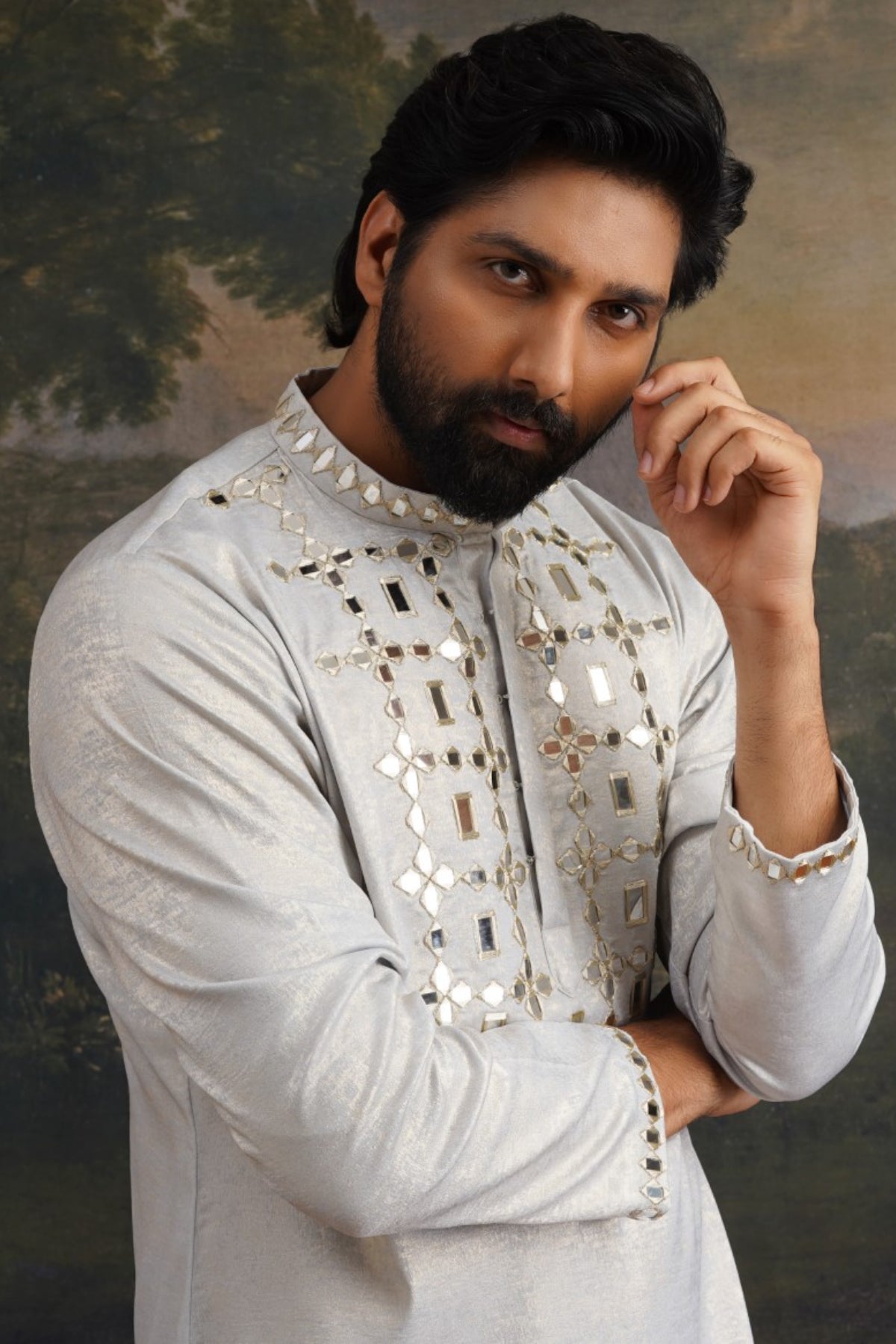 Nishchay Ice Grey Gold Hand Embroidered Kurta Set