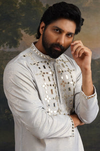 Nishchay Ice Grey Gold Hand Embroidered Kurta Set