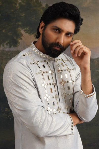 Nishchay Ice Grey Gold Hand Embroidered Kurta Set
