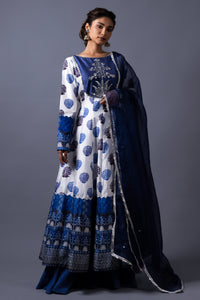 Nitya - Blue Hand-Embroidered Kalidar Anarkali With Sharara & Dupatta