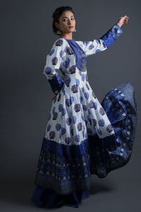 Nitya - Blue Hand-Embroidered Kalidar Anarkali With Sharara & Dupatta