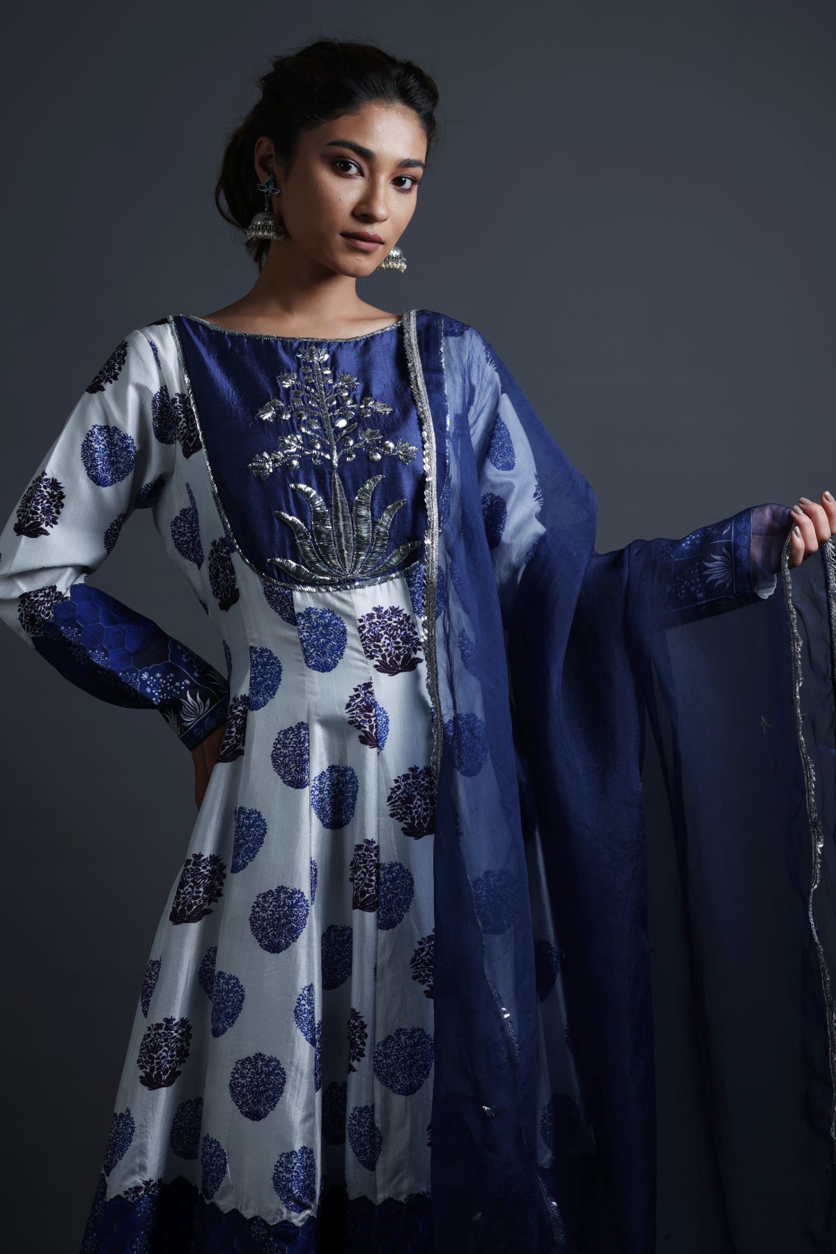 Nitya - Blue Hand-Embroidered Kalidar Anarkali With Sharara & Dupatta