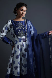 Nitya - Blue Hand-Embroidered Kalidar Anarkali With Sharara & Dupatta