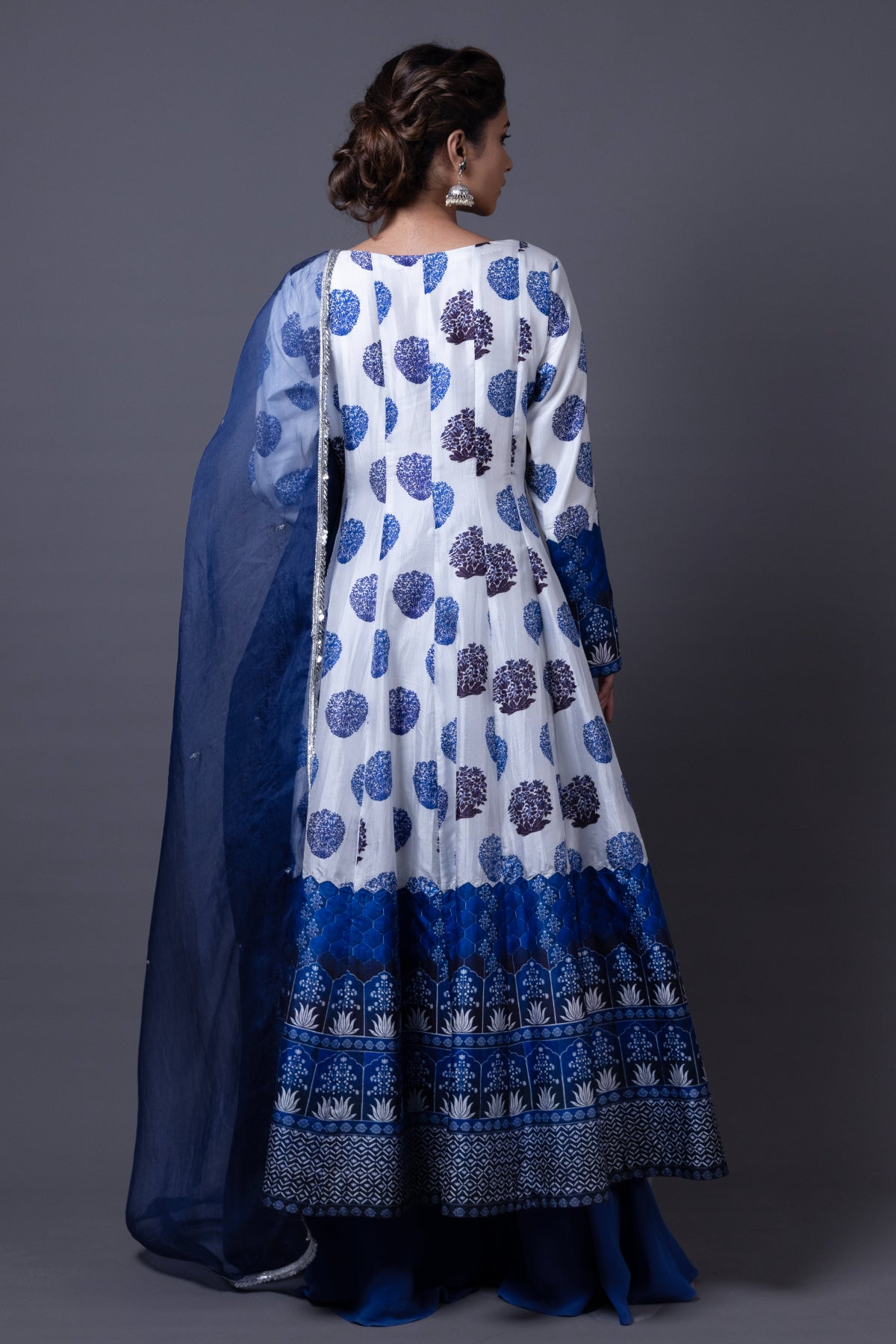 Nitya - Blue Hand-Embroidered Kalidar Anarkali With Sharara & Dupatta