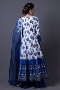 Nitya - Blue Hand-Embroidered Kalidar Anarkali With Sharara & Dupatta
