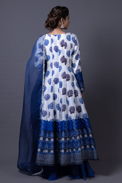 Nitya - Blue Hand-Embroidered Kalidar Anarkali With Sharara &amp; Dupatta