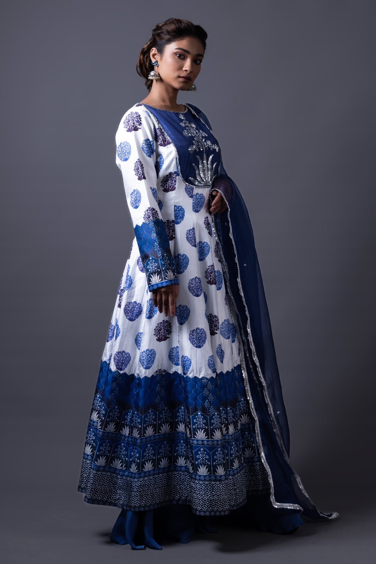 Nitya - Blue Hand-Embroidered Kalidar Anarkali With Sharara & Dupatta