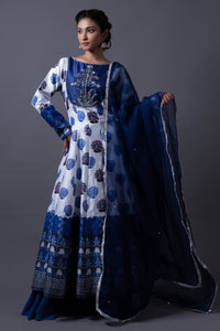 Nitya - Blue Hand-Embroidered Kalidar Anarkali With Sharara & Dupatta