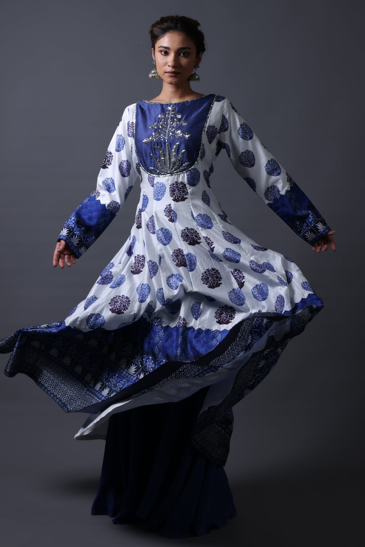 Nitya - Blue Hand-Embroidered Kalidar Anarkali With Sharara & Dupatta