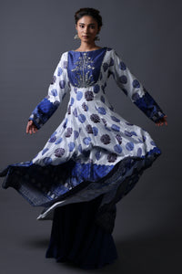 Nitya - Blue Hand-Embroidered Kalidar Anarkali With Sharara & Dupatta