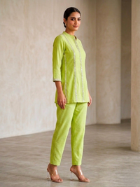 Sunline Olive Green Hand-Embroidered Cotton Co-ord Set