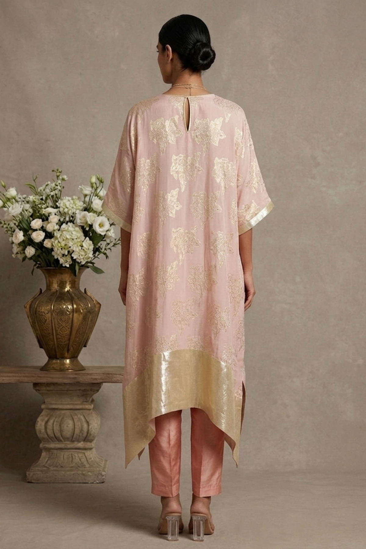 Coral Dusk-  Onion Pink Hand-Embroidered Chanderi Silk Kaftan Set
