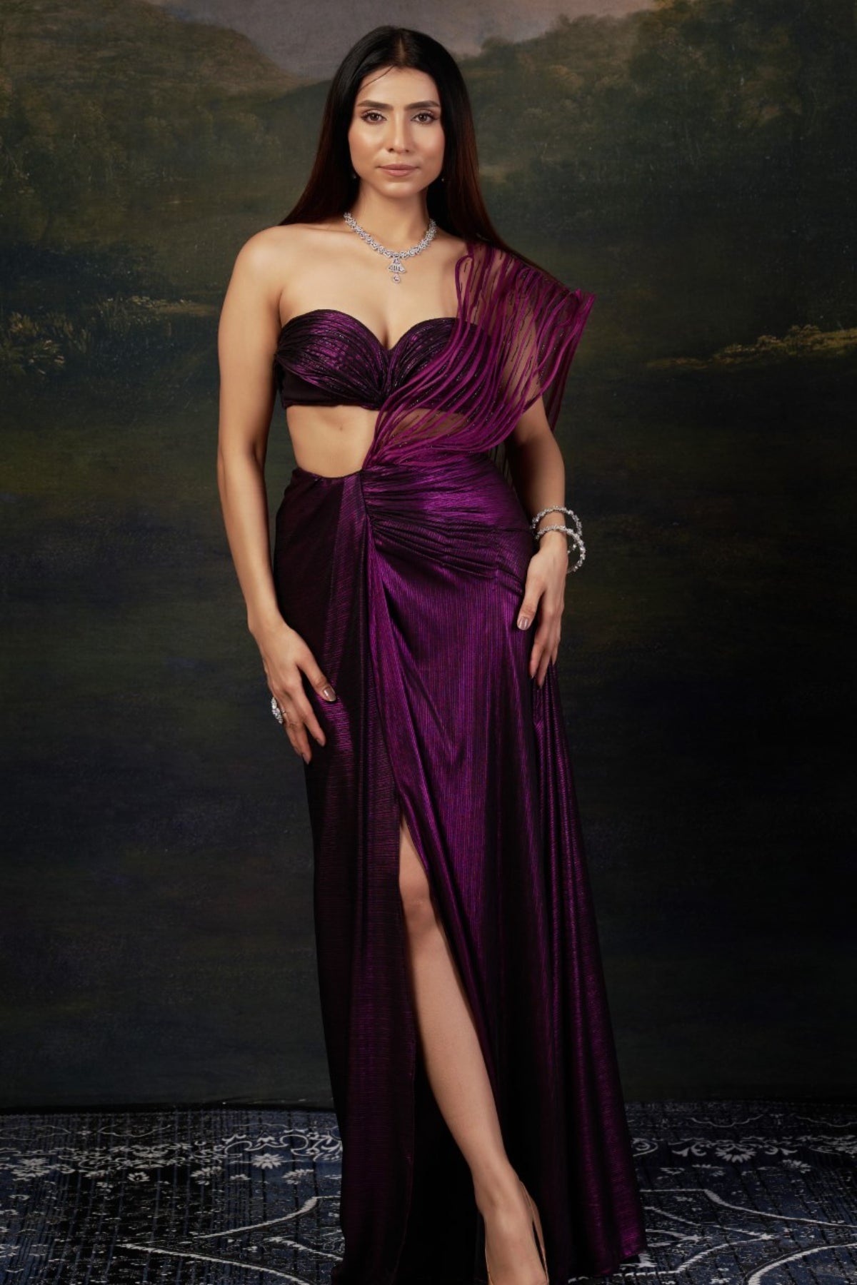 Padma - Purple Hand-Embroidered Pre-Draped Saree With Abstract Floral Print