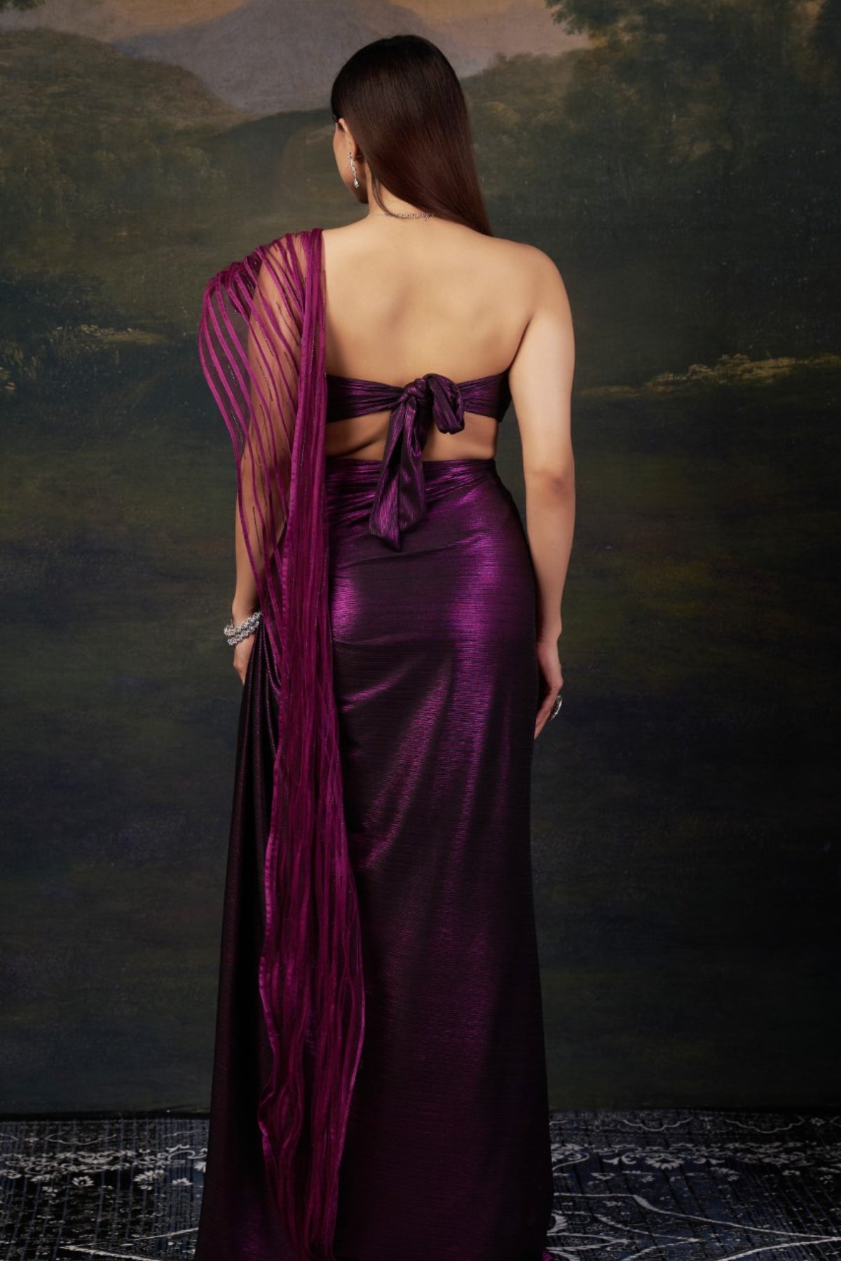 Padma - Purple Hand-Embroidered Pre-Draped Saree With Abstract Floral Print