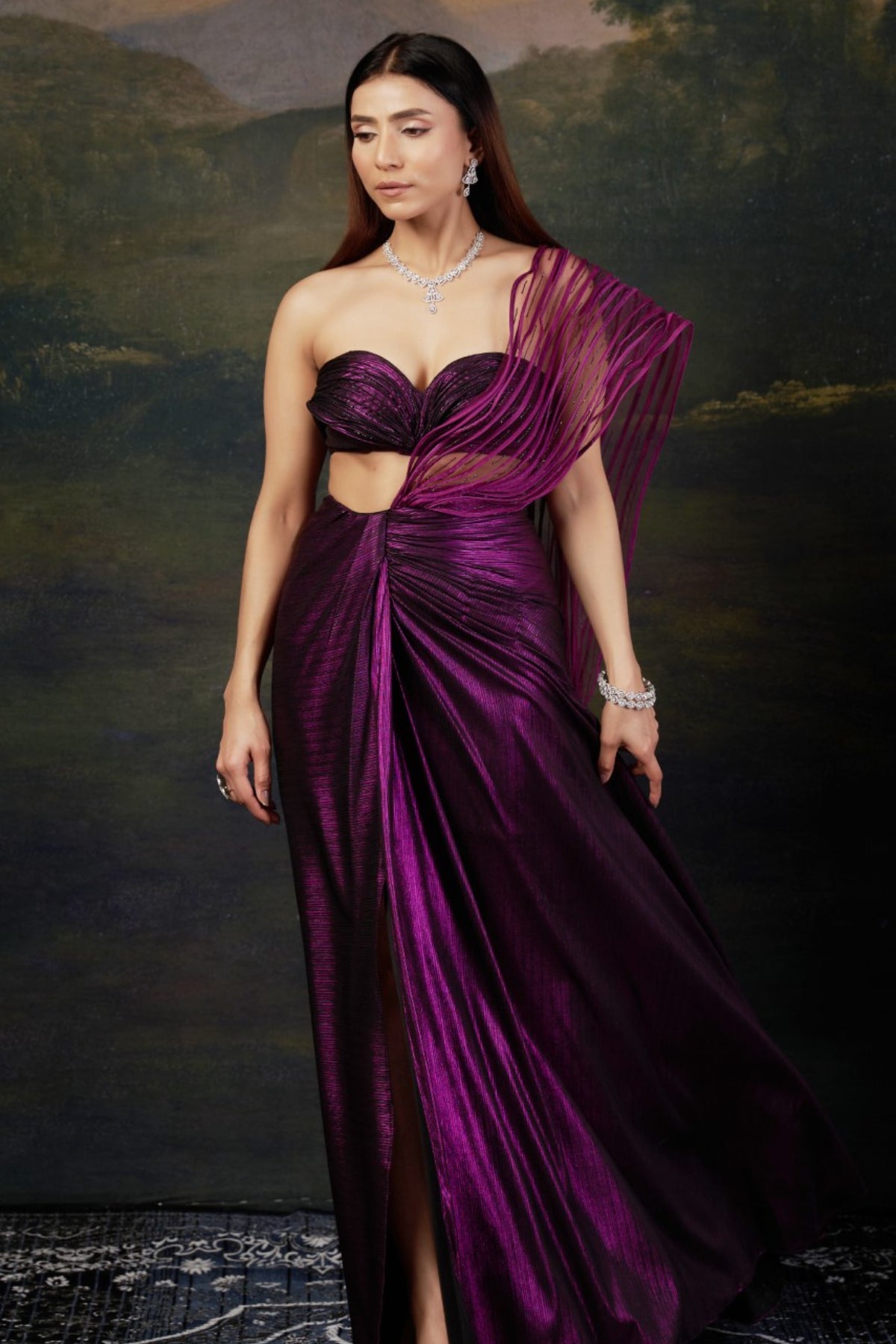 Padma - Purple Hand-Embroidered Pre-Draped Saree With Abstract Floral Print