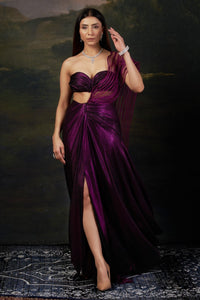 Padma - Purple Hand-Embroidered Pre-Draped Saree With Abstract Floral Print