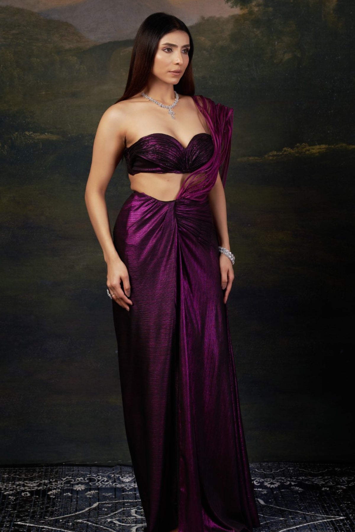 Padma - Purple Hand-Embroidered Pre-Draped Saree With Abstract Floral Print