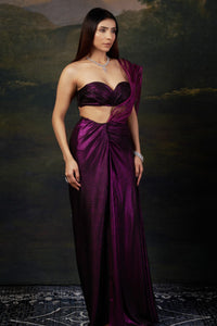 Padma - Purple Hand-Embroidered Pre-Draped Saree With Abstract Floral Print