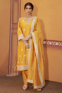 Peetambara Yellow Gold Embroidered Cutwork Mori Kurta Set