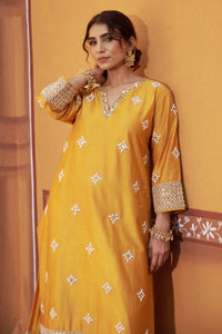 Peetambara Yellow Gold Embroidered Cutwork Mori Kurta Set