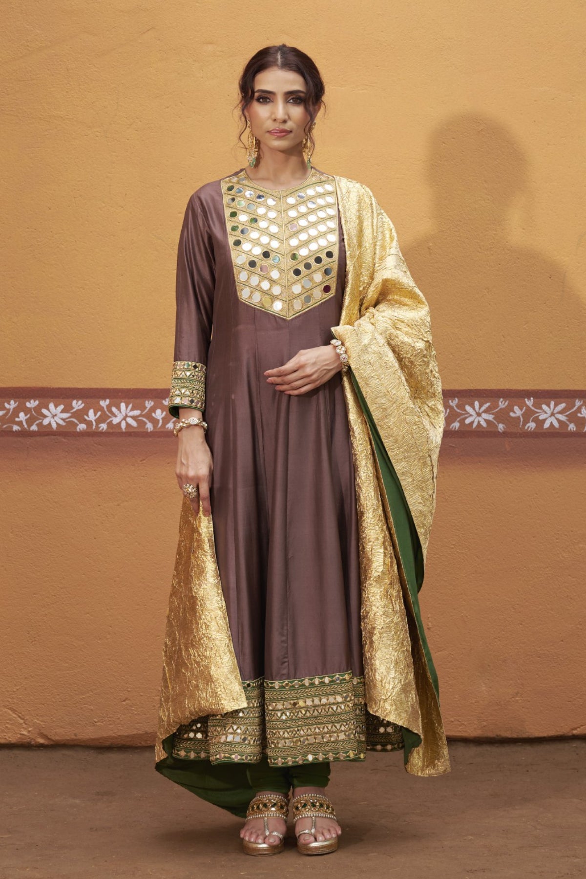Prithvi - Brown & Green Mirror Work Hand-Embroidered Anarkali With Churidar Set