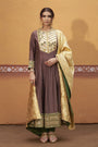 Prithvi - Brown & Green Mirror Work Hand-Embroidered Anarkali With Churidar Set