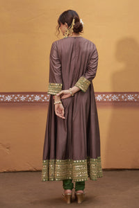 Prithvi - Brown & Green Mirror Work Hand-Embroidered Anarkali With Churidar Set