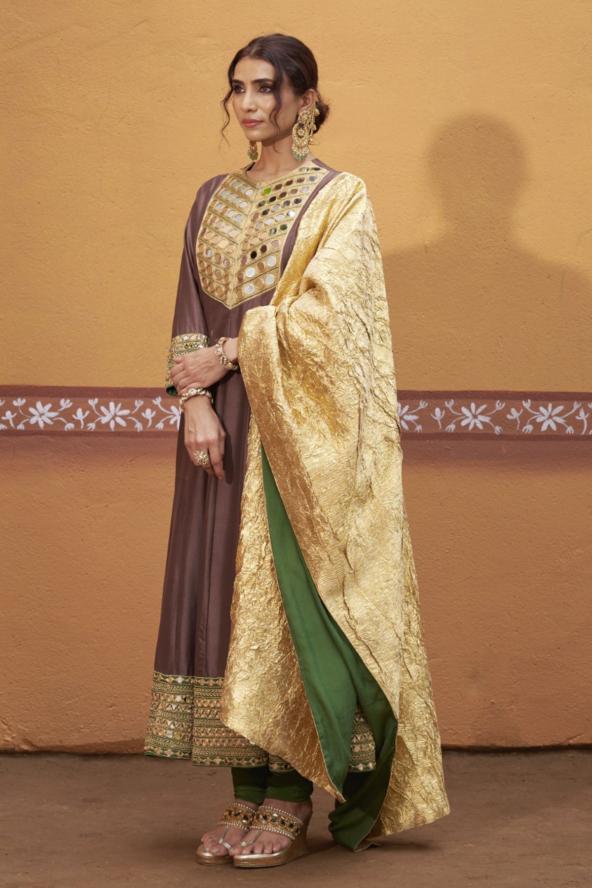 Prithvi - Brown & Green Mirror Work Hand-Embroidered Anarkali With Churidar Set