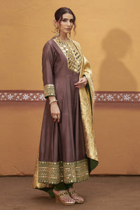Prithvi - Brown & Green Mirror Work Hand-Embroidered Anarkali With Churidar Set