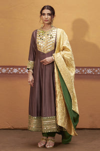 Prithvi - Brown & Green Mirror Work Hand-Embroidered Anarkali With Churidar Set