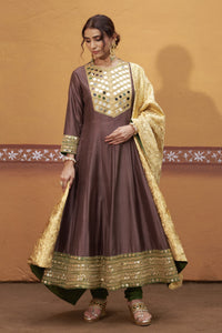 Prithvi - Brown & Green Mirror Work Hand-Embroidered Anarkali With Churidar Set